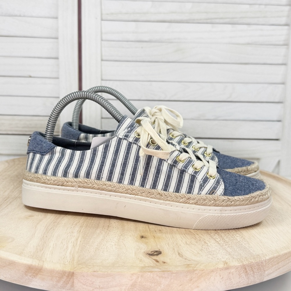 Liz Claiborne Canvas Striped Lace Up Espadrille Sneakers Blue White 7.5